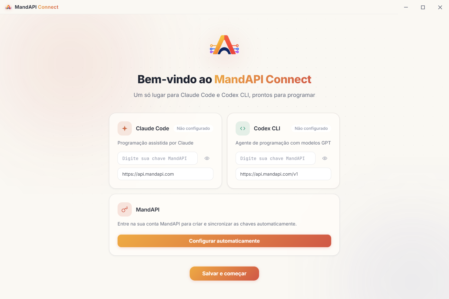 Tela de configuração manual com os campos de API Key e Base URL para Claude Code e Codex CLI