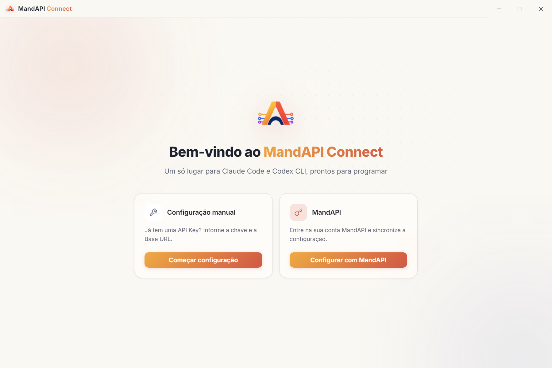 Tela de boas-vindas do MandAPI Connect com as opções de configuração manual e login com conta MandAPI
